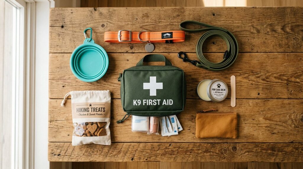 Flat lay product photography of essential dog hiking gear ne