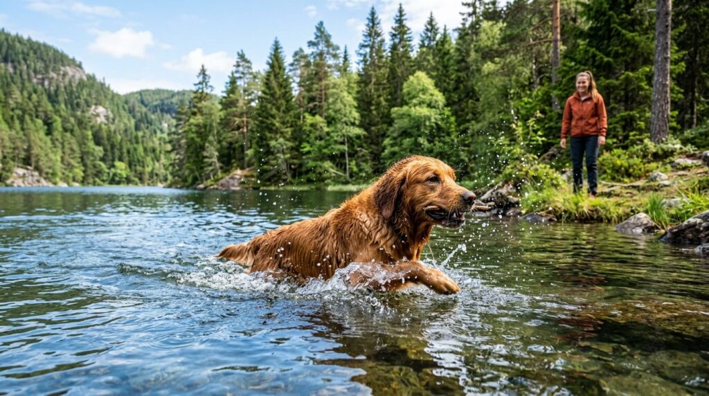 Outdoor action photo of energetic dog swimming in a clear fo