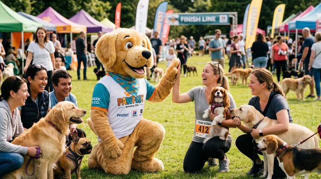 Professional event photo of a dog mascot performer engaging