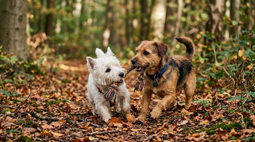 Close-up stock photo of a small white terrier and brown mixe