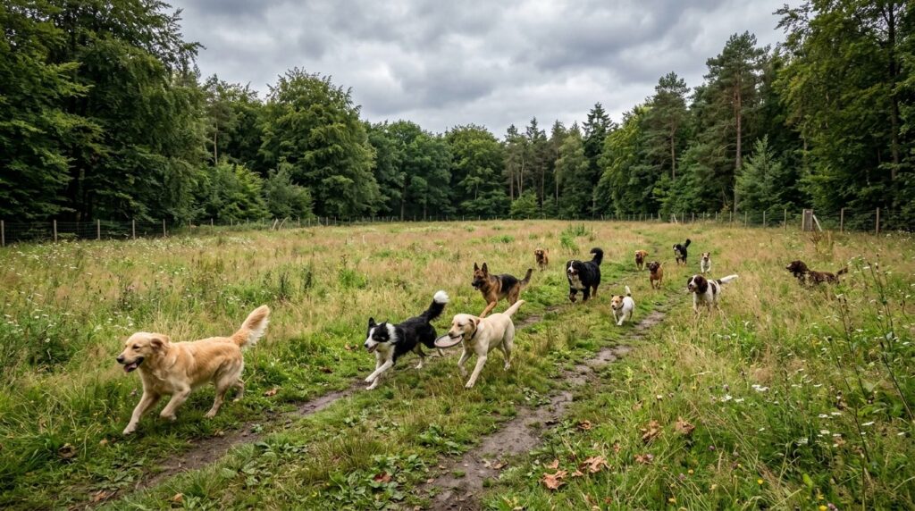 Wide landscape stock image of a spacious enclosed dog forest