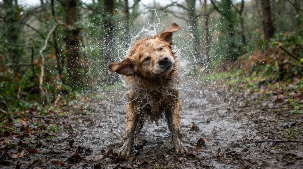 Close-up stock photo, 16:9 aspect ratio, wet golden retrieve