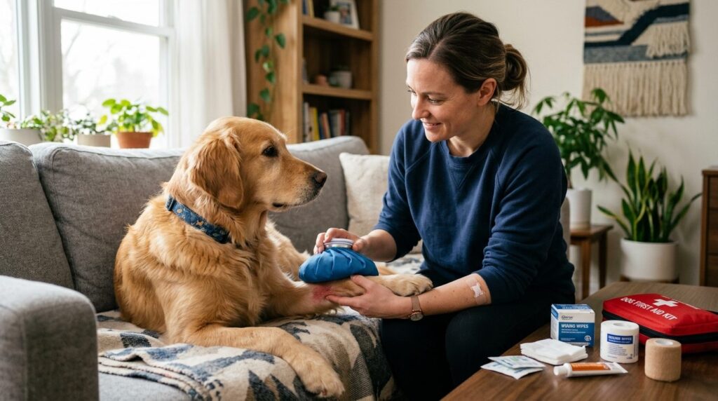 Photorealistic stock image of a dog owner applying first aid