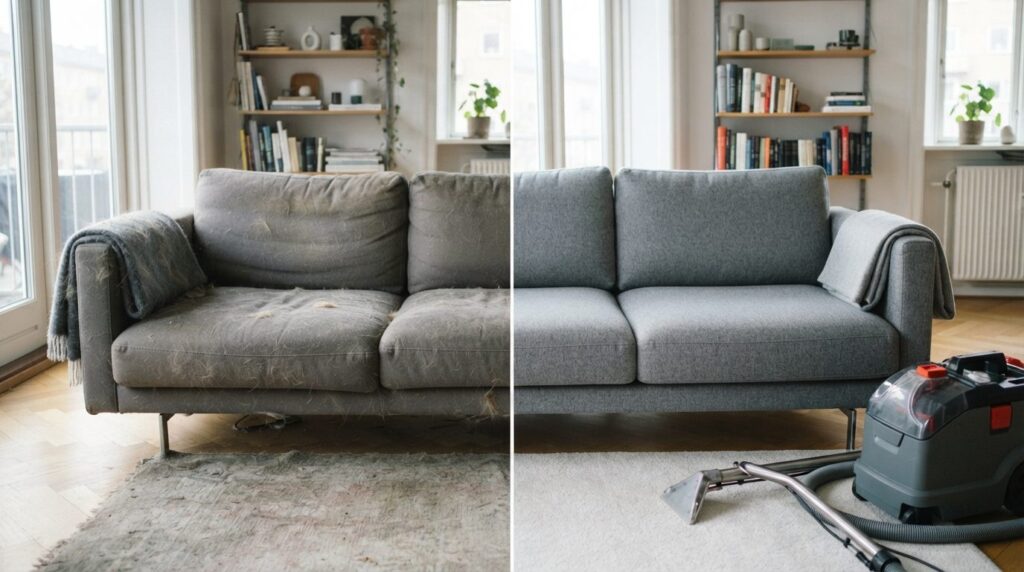 Before and after split-screen style: left side shows couch w