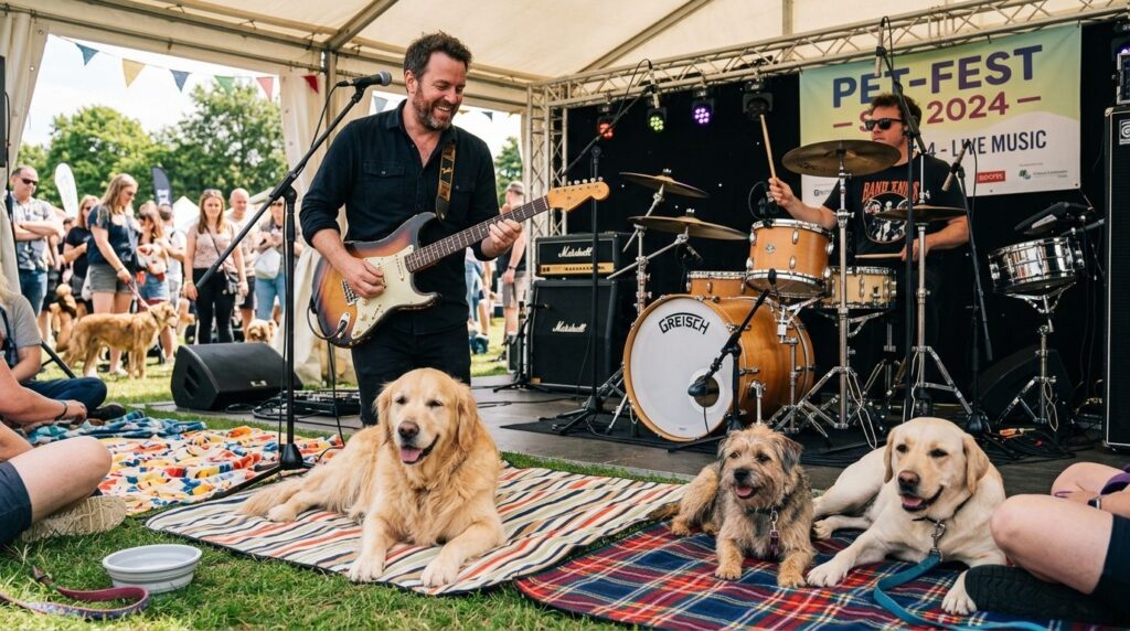 Close-up of a live band guitarist and drummer performing at