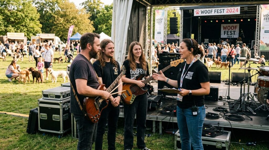Event organizer discussing with live band members before a d