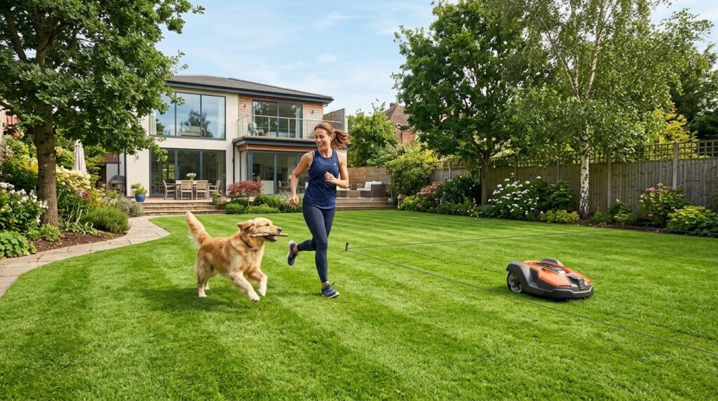 Wide landscape shot of active dog owner with energetic dog i