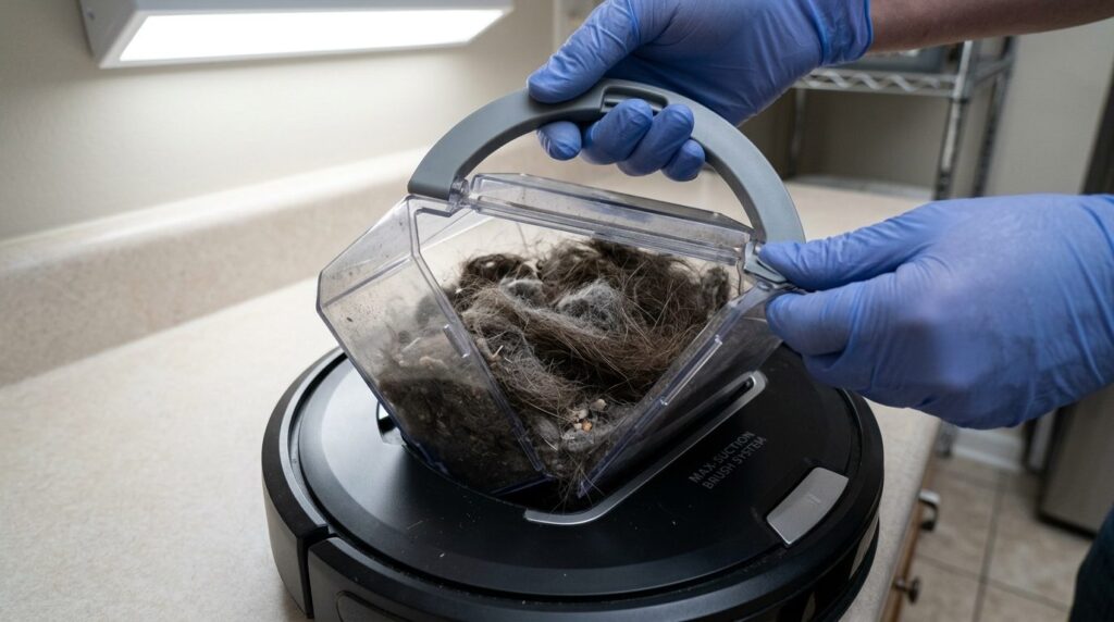 Close-up detailed shot of robot vacuums dust collection bin