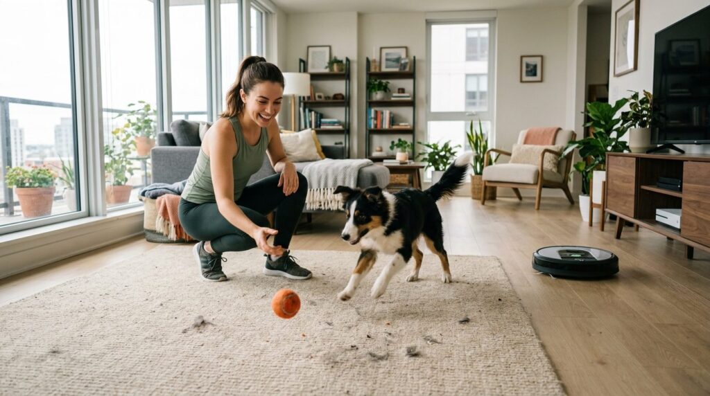 Active lifestyle scene of young dog owner in casual athletic