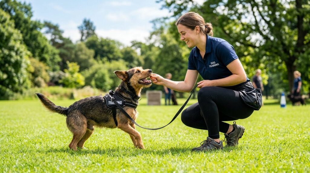 Active dog training session outdoors showing a handler givin